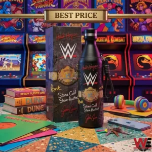 A black WWE themed water bottle and box sit on a table in an arcade. The scene includes retro game machines stacks of books and colorful headphones. The bottle features the names of various wrestling icons.
