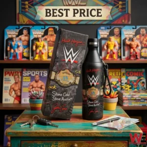 A WWE collector water bottle and box are shown on a wooden desk with wrestling action figures and magazines in the background. A map pen and keys are also present on the table surface.