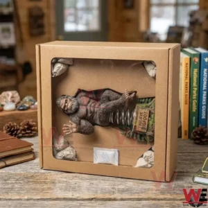 A Bigfoot bobblehead collectible in its original cardboard window box packaging on a wooden workbench!