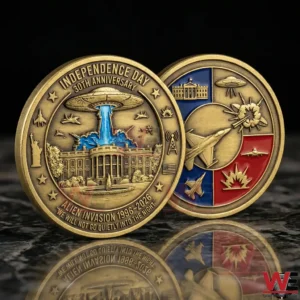 Two gold tone commemorative coins showing the white house under an alien beam and a reverse with battle symbols!