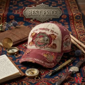 Distressed Indian Motorcycle tribute cap with anniversary patches and vintage travel accessories on a decorative rug.