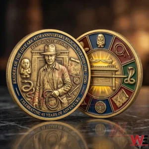 Two gold commemorative coins showing a whip carrying adventurer and a glowing sacred chest with themed symbols!