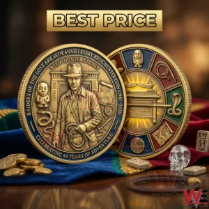 Promotional scene of two gold commemorative coins with best price text and treasure themed props!