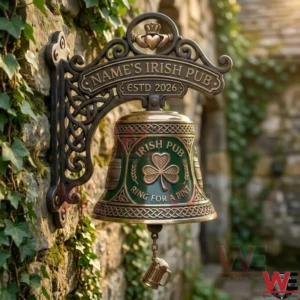 Irish pub wall bell with shamrock mounted on a stone wall with ivy!