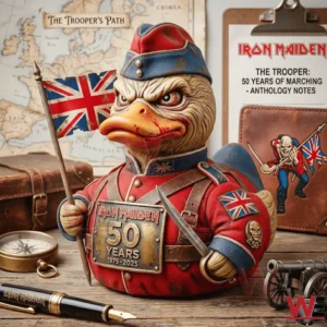 Duck soldier figure in red and blue uniform holding a British flag and a sword on a desk!