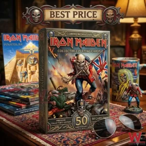 A metal collector box for Iron Maiden cards with various band memorabilia on a wooden table!