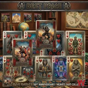 Iron Maiden 50th Anniversary Commemorative Edition Playing Cards (54 CARDS) 5 A fan of playing cards with different illustrations of a skeletal figure and a text banner above!