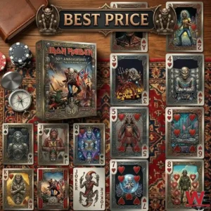 Iron Maiden 50th Anniversary Commemorative Edition Playing Cards (54 CARDS) 6 An arrangement of artistic playing cards and a presentation box on a wooden surface with a compass!