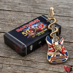 Iron Maiden fiftieth anniversary guitar shaped enamel pin with display case!