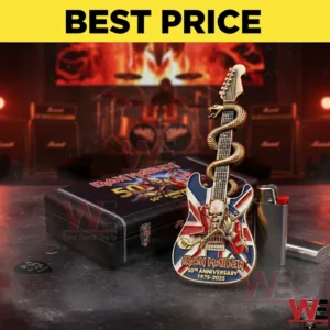 Iron Maiden anniversary guitar shaped enamel pin in a concert display scene!