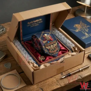 Iron Maiden 50th Anniversary Legacy Edition Tie 3 An open shipping box containing the Iron Maiden 50th anniversary tie gift set!