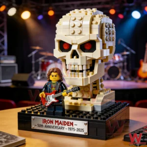 Brick built skull head with red eyes on a display base beside a guitarist figure!