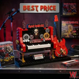 Heavy metal themed brick building set with a keyboard and guitar displayed on a studio table with music albums!