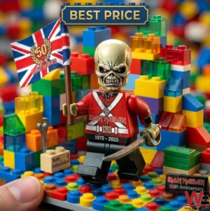 Iron Maiden Eddie brick figure holding a flag and sword on a base made of colorful building blocks!