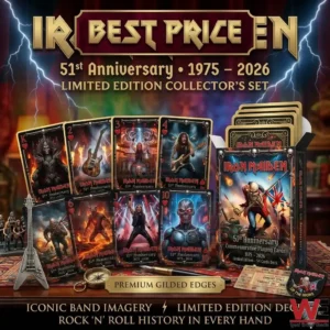 A collection of Iron Maiden themed playing cards with gold edges spread out on a table next to their collector box!