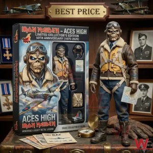Skeletal pilot action figure with flight gear and a map standing beside a themed collector box on a wooden surface!