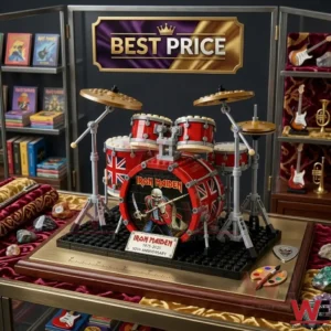 An Iron Maiden 50th Anniversary drum kit built from plastic blocks on display in a glass case.