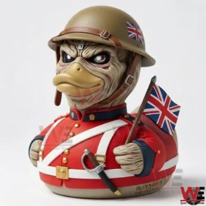 British soldier themed rubber duck holding a Union Jack flag on a white background!