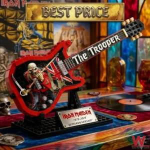 A red brick built guitar model with Iron Maiden artwork sits on a fiftieth anniversary display stand! The background features a vinyl record and rock themed decor!