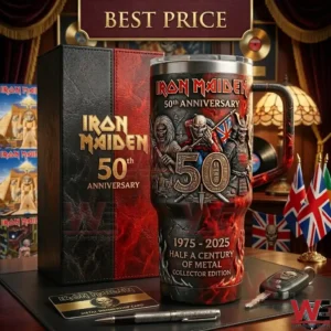 Commemorative heavy metal band tumbler with intricate 3D mascot designs and a premium display box on a desk!