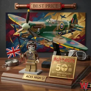 A brick built camouflage Spitfire plane on a stand with a skeleton pilot figure holding a British flag! The display features gold 50th anniversary Iron Maiden plaques on a wooden base! Flying goggles and a compass are on the table!