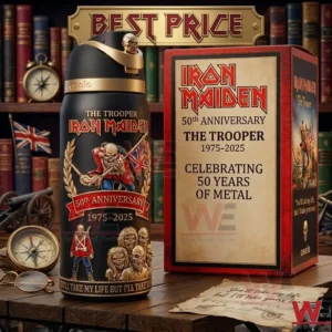 A black and gold Iron Maiden 50th Anniversary water bottle and its collector box are displayed on a wooden desk. The design features the band mascot Eddie and various historical themed accessories like a compass and a union jack flag under a BEST PRICE banner.