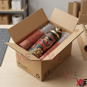 An Iron Maiden anniversary water bottle is packed inside a cardboard shipping box with bubble wrap and red packing paper. The box is on a wooden table in a room with warehouse shelves in the background.