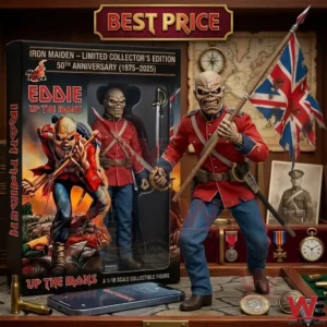 Detailed skeletal soldier action figure with a flag and sword standing next to its themed collector edition box!