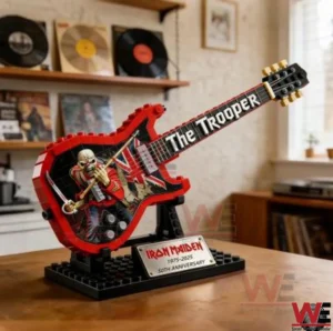 Red guitar brick display set inspired by Iron Maiden The Trooper on a stand!