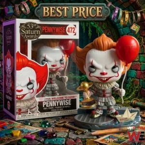 Pennywise vinyl figure holding a red balloon and golden award trophy next to its collector box.