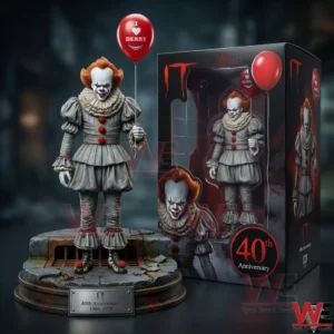Horror clown collector statue with red balloon beside anniversary box!