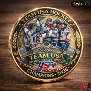 Gold Team USA hockey champions 2026 coin with players celebrating and Olympic rings!