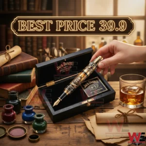 JACK DANIEL’S 160TH ANNIVERSARY FOUNTAIN PEN 3 Hand holding an engraved fountain pen set on a desk with books ink and a whiskey glass!