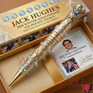 Gold collectible pen with blue gems and USA crest in a presentation box with a certificate card!