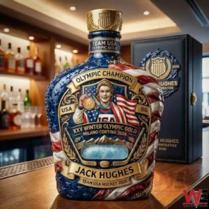 Decorative Team USA bottle with Jack Hughes Olympic champion artwork and a presentation box on a bar counter!