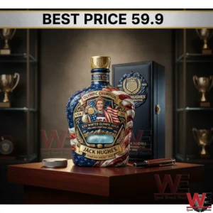 Team USA Jack Hughes themed collector bottle on a desk with a presentation box and trophies in the background!