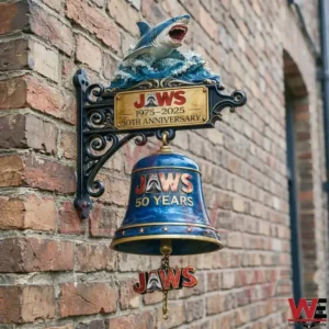 Jaws 50 Years anniversary wall bell with shark sculpture mounted on brick wall!