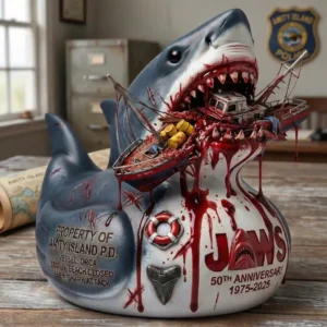 Shark duck display with a boat in its mouth in a jaws inspired office scene!