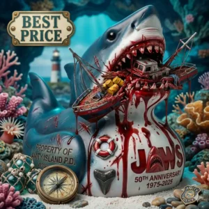 Jaws Sharks Attack Boat Rubber Duck 3 Shark duck display with a boat in its mouth in an underwater themed scene!
