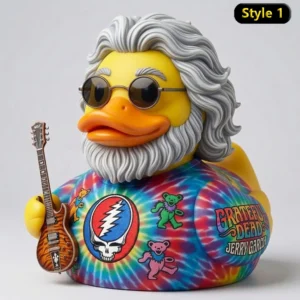 Yellow guitarist duck with silver hair tie dye shirt and small guitar!