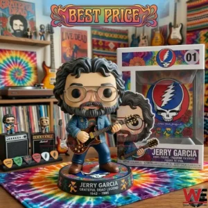 A detailed vinyl figure of Jerry Garcia in a music room with posters and records.