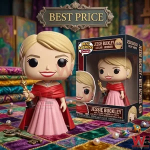 Vinyl figure of Jessie Buckley in a pink dress holding an Oscar trophy next to her commemorative box!