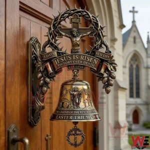 Ornate wall mounted metal bell with crucifix and resurrection message on a church door background!