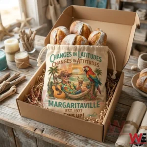 Jimmy Buffet Margaritaville-inspired Bread Bag 3 An unboxing shot of a Margaritaville canvas bag containing bread rolls in a gift box!