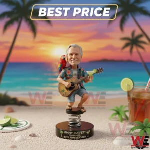 Jimmy Buffett 80th Anniversary Car Dashboard Bobblehead 3 Jimmy Buffett anniversary bobblehead in a beach sunset scene with palm trees!