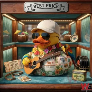 A tropical themed rubber duck holding a guitar inside a wooden display box with various beach accessories.