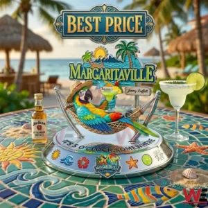 A colorful parrot figurine in a hammock holding a drink on a silver base! The base says ITS 5 OCLOCK SOMEWHERE! A margarita glass and a whiskey bottle are on a mosaic table with a beach background!