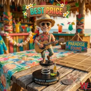 A smiling tropical themed bobblehead figure playing guitar at an outdoor beach bar!