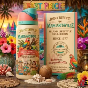 A themed water bottle and gift box with tropical illustrations on a wooden deck at sunset!
