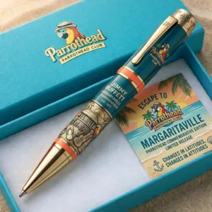 Tropical commemorative Jimmy Buffett pen in a blue gift box with a branded card!